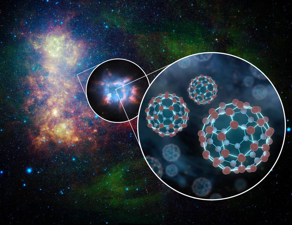  Bilim insanları, Hubble Uzay Teleskobu kullanarak yıldızlar arası uzayda futbol topu biçimindeki elektrikli yüklü bir molekül türünün varlığını keşfetti.   Kredi: NASA / JPL-Caltech 