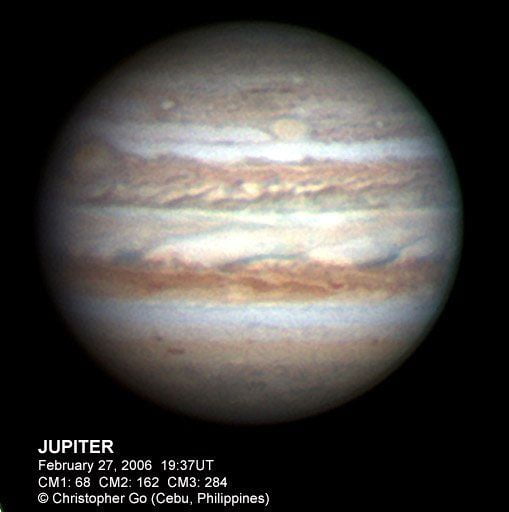 Astronomi Nedir? Hakkında Detaylı Bilgiler: Jupiter'de kırmızı lekeler, 27 Şubat 2006'da fotoğraflandı.