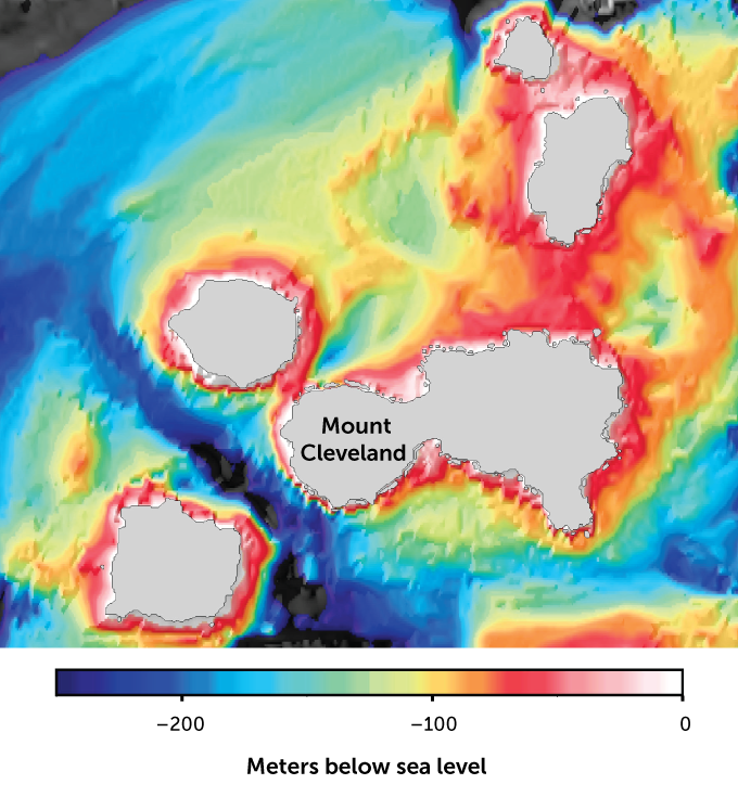 Bir süpervolkanın güneybatı Alaska'daki Aleutian Adaları zincirindeki Dört Dağın Adaları altında gizlenebileceğine dair ipuçlarından bazıları, NOAA tarafından derlenen bu batimetri haritası gibi, deniz tabanı topografyası haritalamasından geliyor. Gri alanlar mevcut volkanları işaretler. Turuncu bölgeler, kabaca dairesel bir modelde yüzeyin altına görünüşte bağlanmış sığ volkanik alanları gösterir.