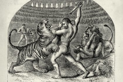 1860'lardan kalma bu illüstrasyonda, gladyatörler Roma'nın Kolezyum'unda kaplanlar ve aslanlarla savaşıyor. Araştırmacılar, artık bir aslan ve bir gladyatör arasındaki böylesine eski bir Roma dövüşüne dair fiziksel kanıtlara sahip olduklarını söylüyorlar.