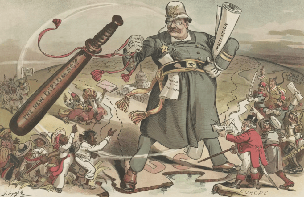Theodore Roosevelt'in dış politika tarzına atıfta bulunan büyük bir sopa taşıdığı bir karikatür. Everett Koleksiyonu / Shutterstock